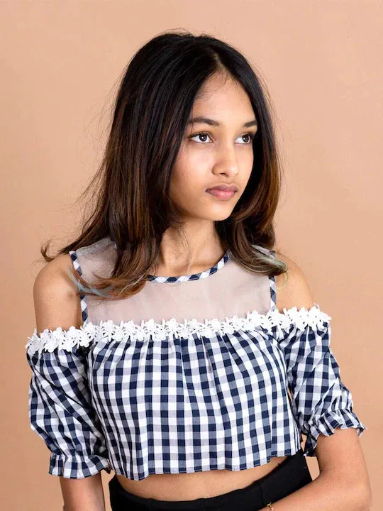 Girls Blue Checked Sheer Crop Top - Ps Peaches