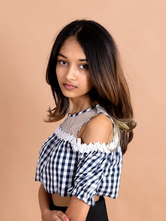 Girls Blue Checked Sheer Crop Top - Ps Peaches