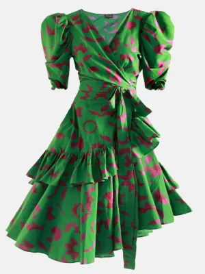 Green Garden Cotton Silk Wrap Dress