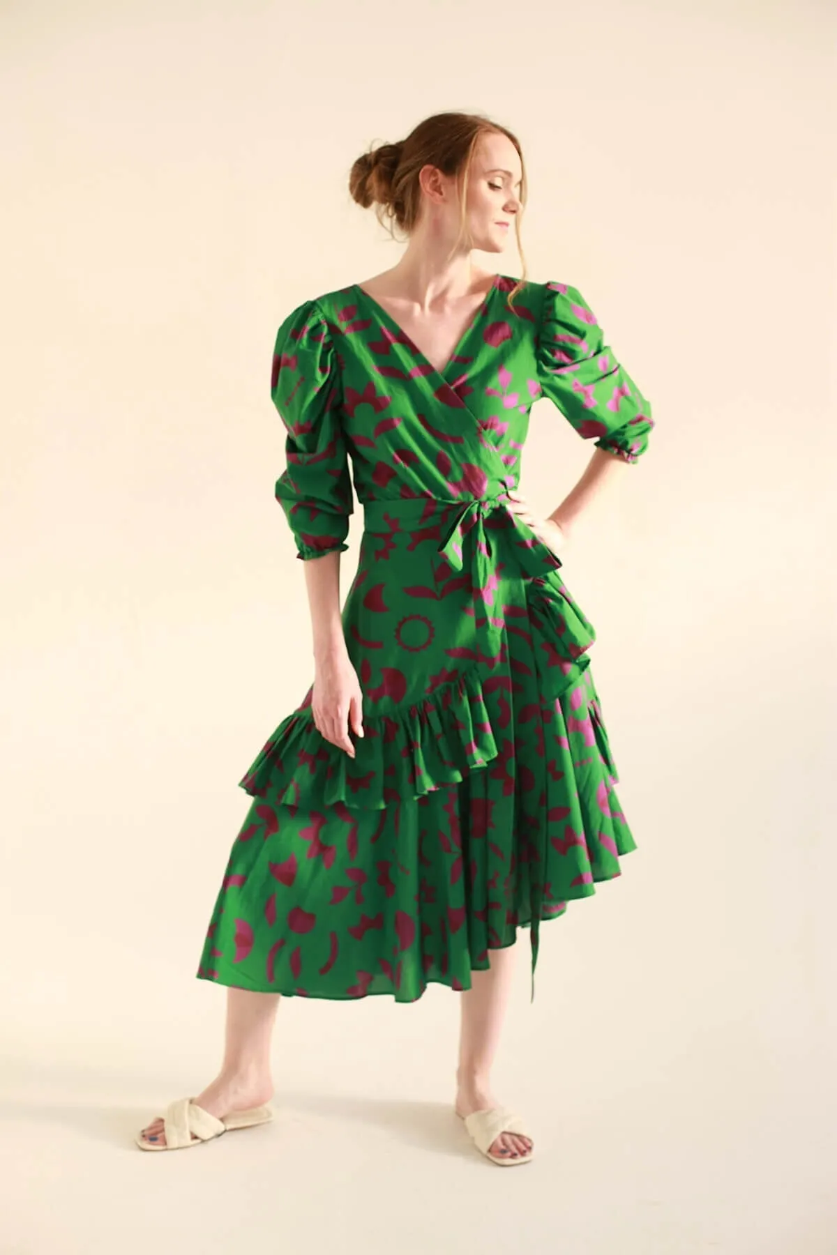 Green Garden Cotton Silk Wrap Dress