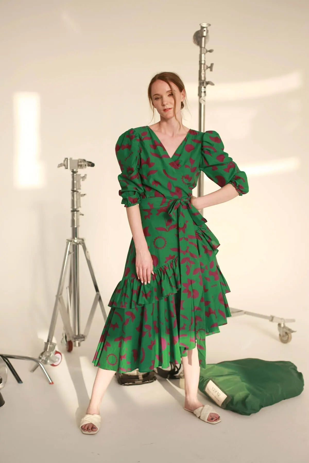 Green Garden Cotton Silk Wrap Dress