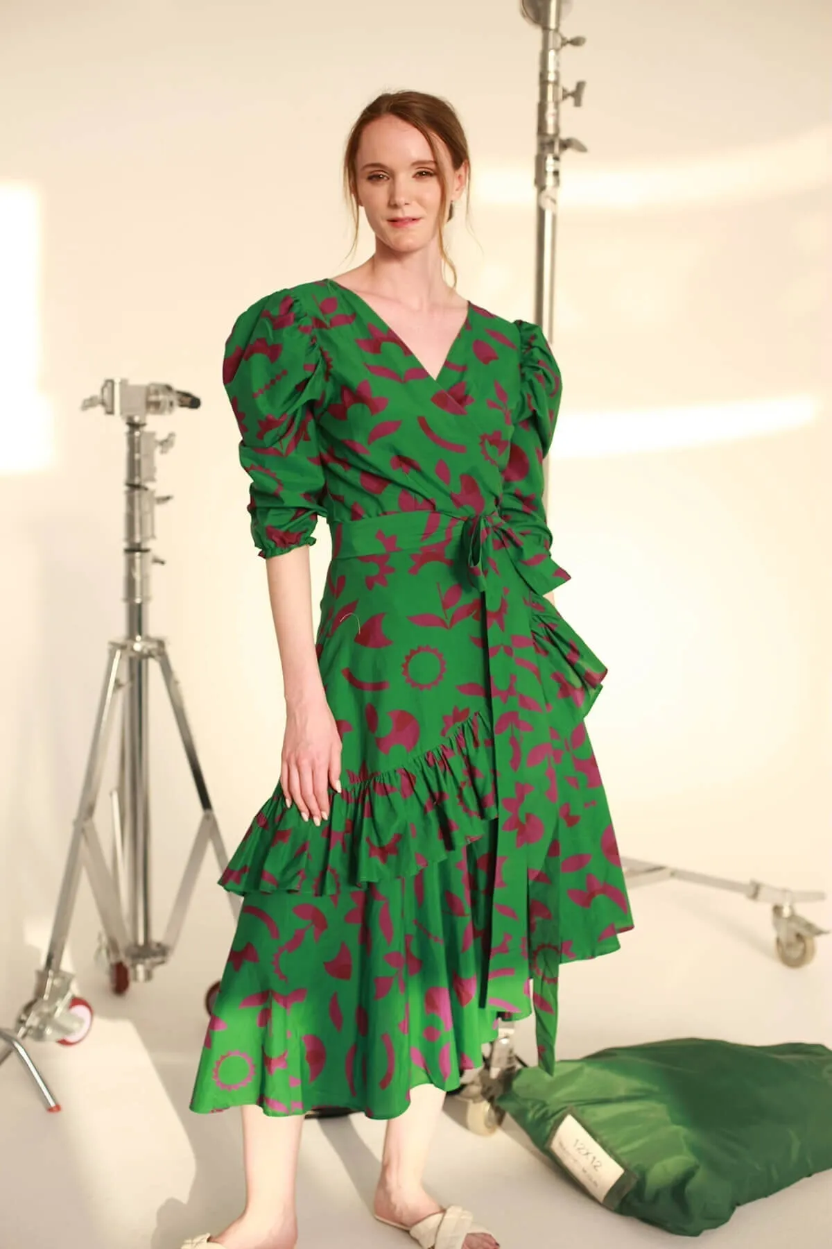 Green Garden Cotton Silk Wrap Dress