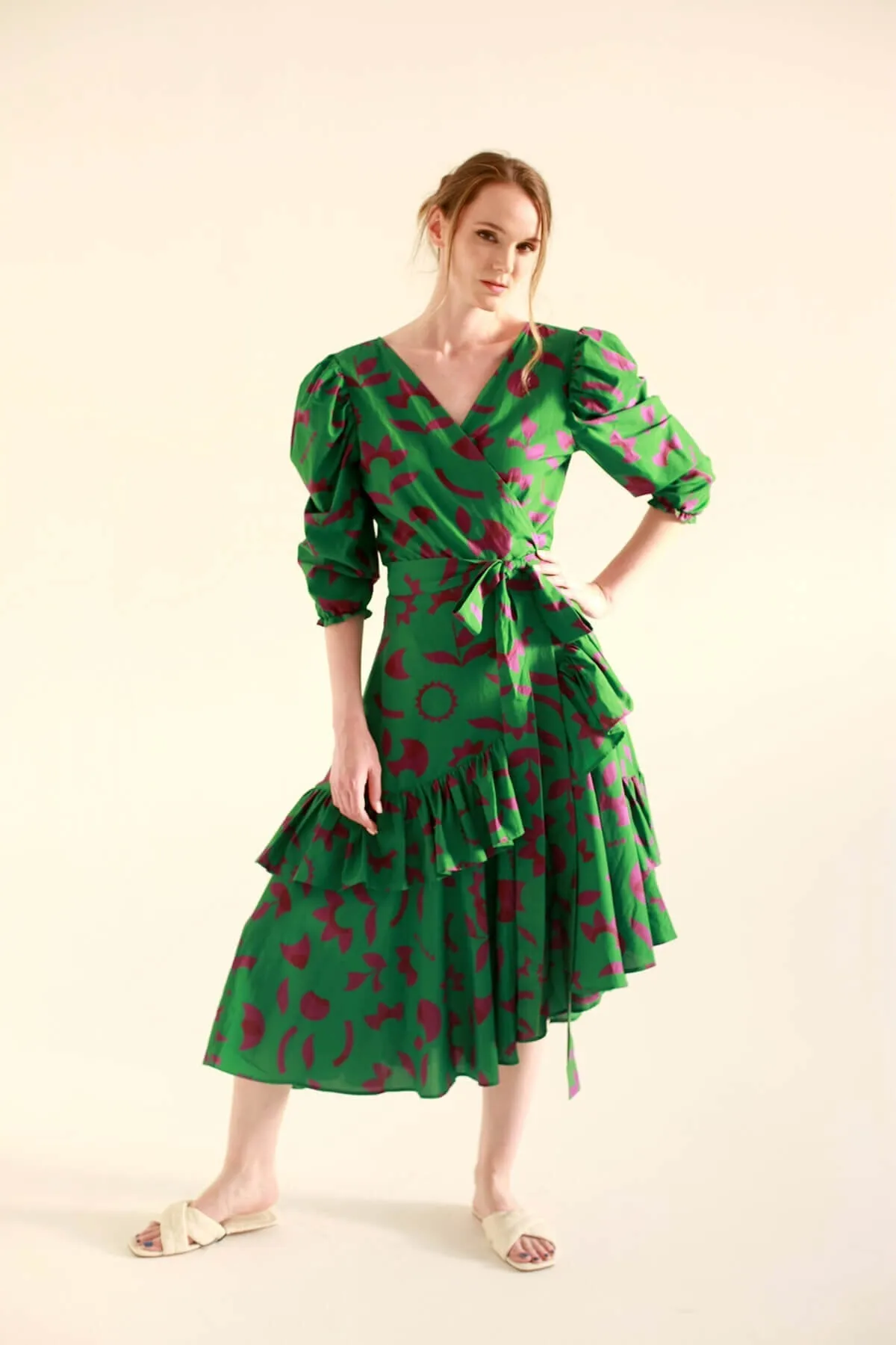 Green Garden Cotton Silk Wrap Dress