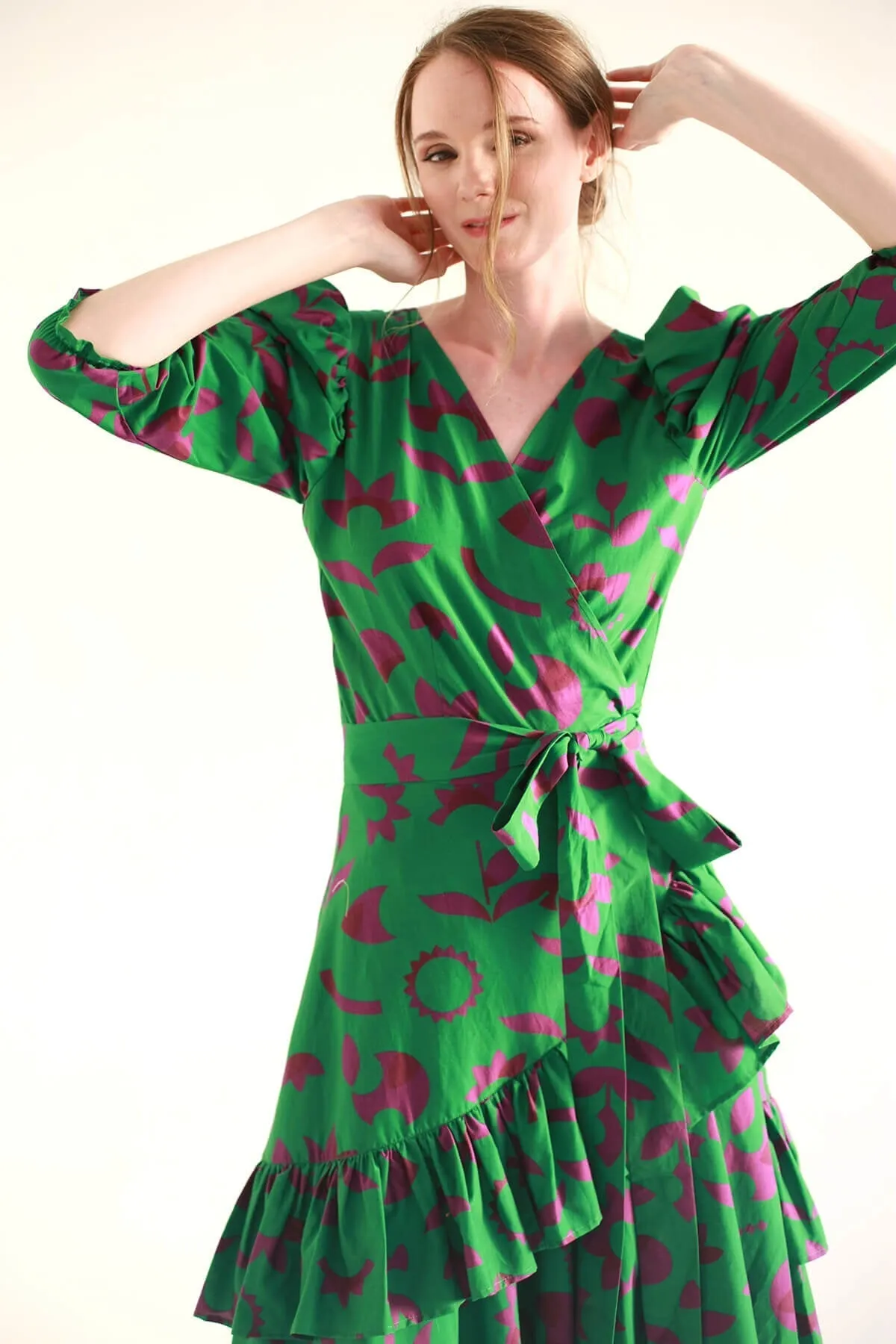 Green Garden Cotton Silk Wrap Dress