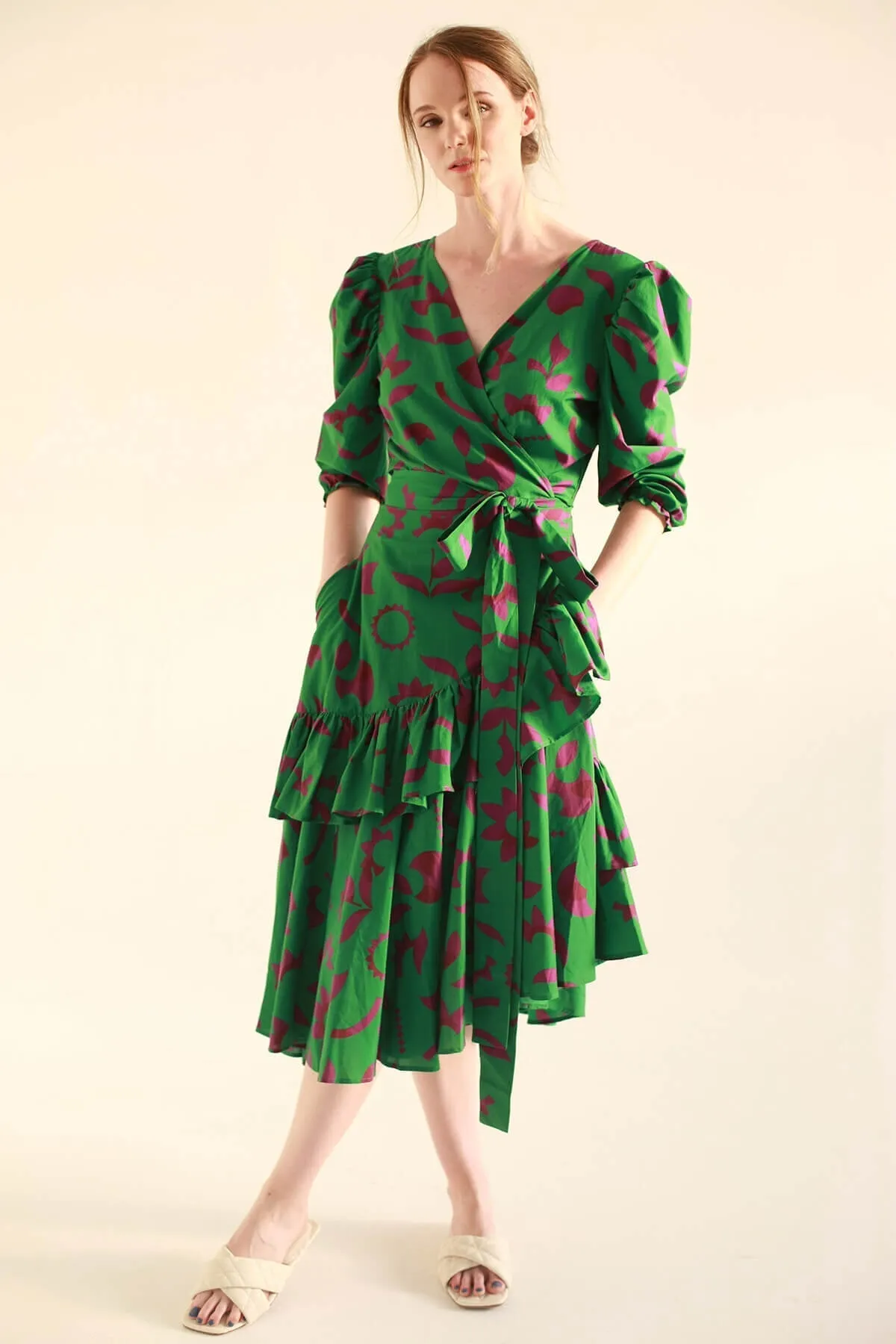 Green Garden Cotton Silk Wrap Dress