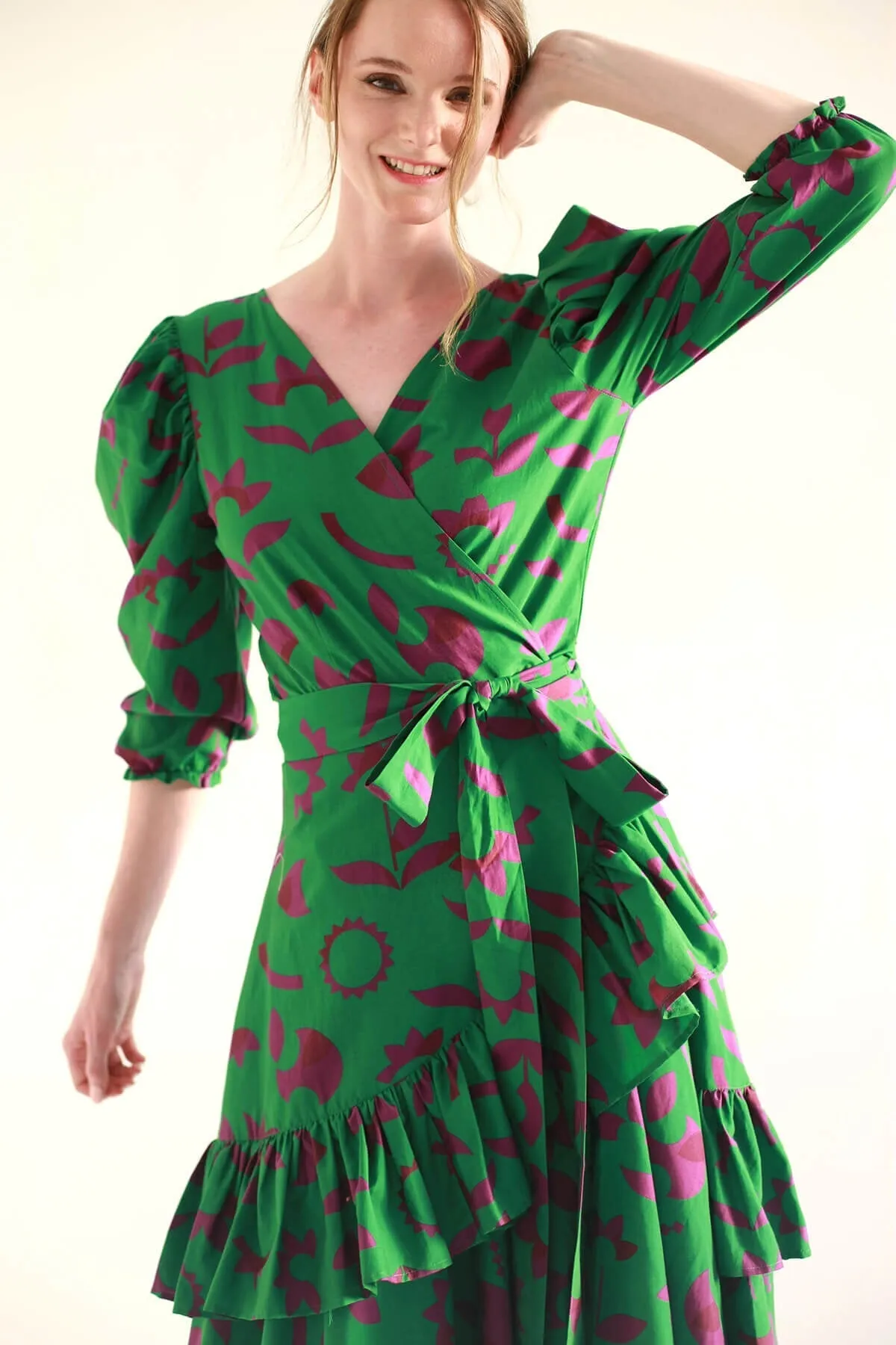 Green Garden Cotton Silk Wrap Dress