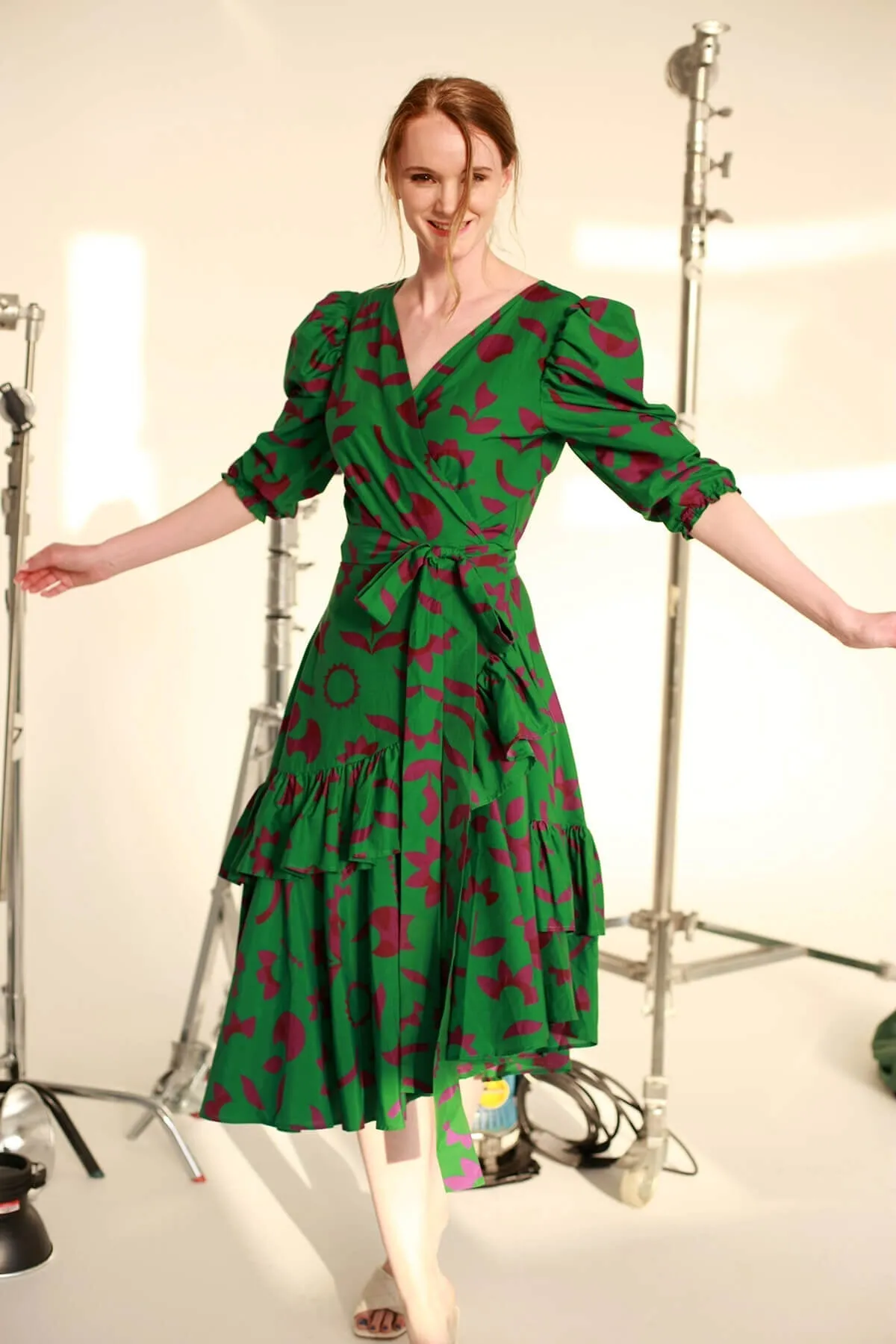 Green Garden Cotton Silk Wrap Dress