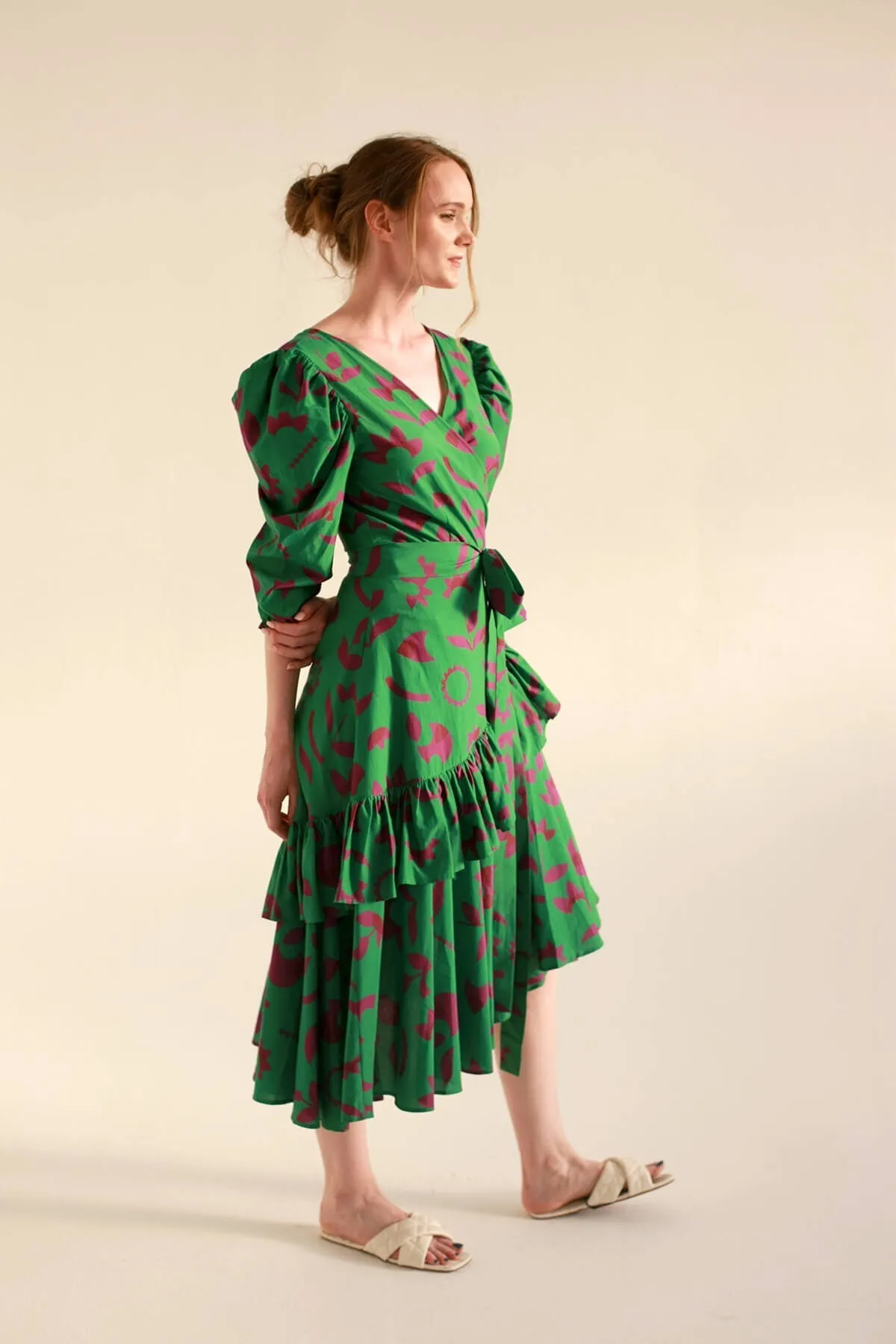 Green Garden Cotton Silk Wrap Dress