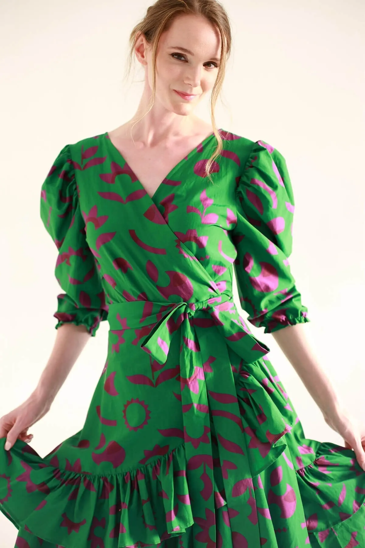 Green Garden Cotton Silk Wrap Dress