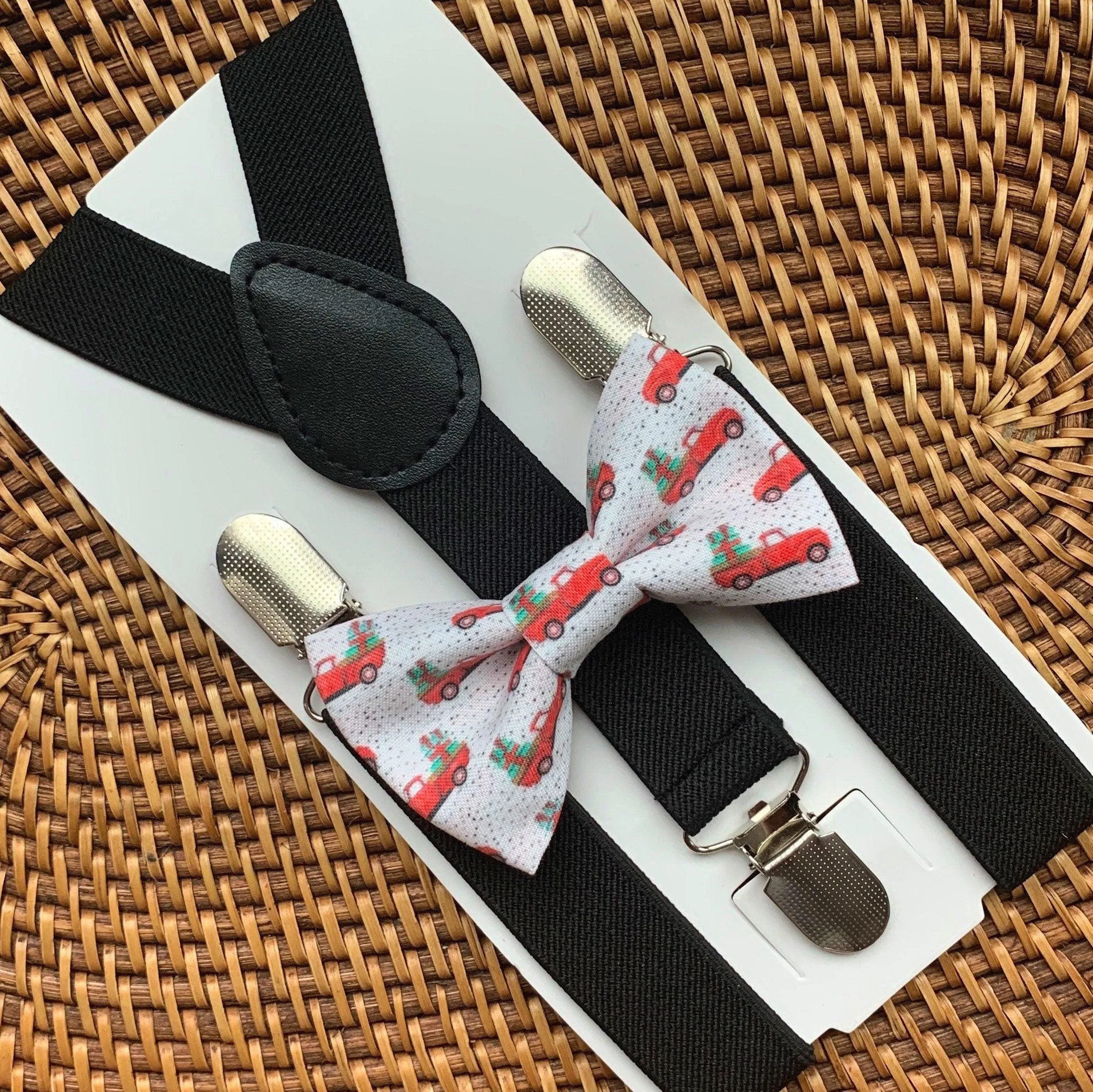 Grey Christmas Tree Cars Bow Tie & Black Suspenders Set