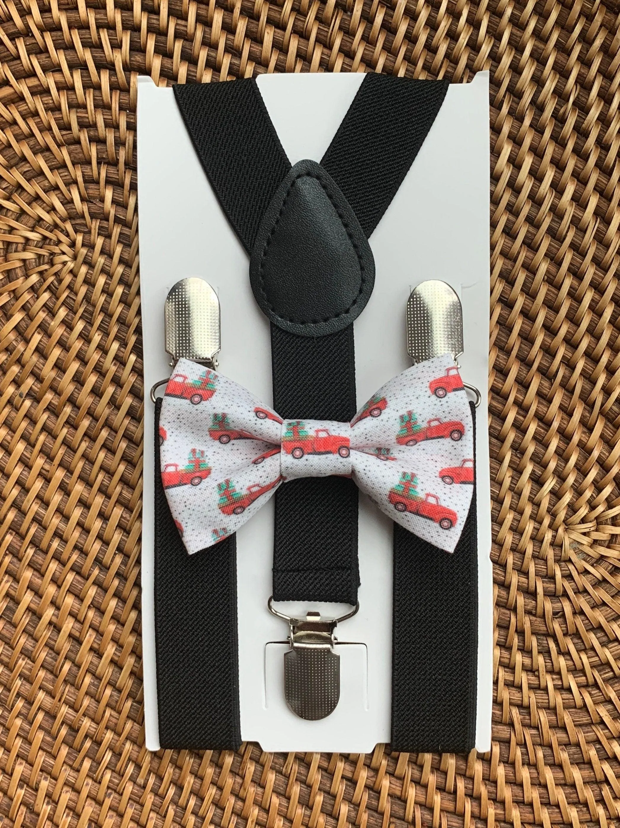 Grey Christmas Tree Cars Bow Tie & Black Suspenders Set