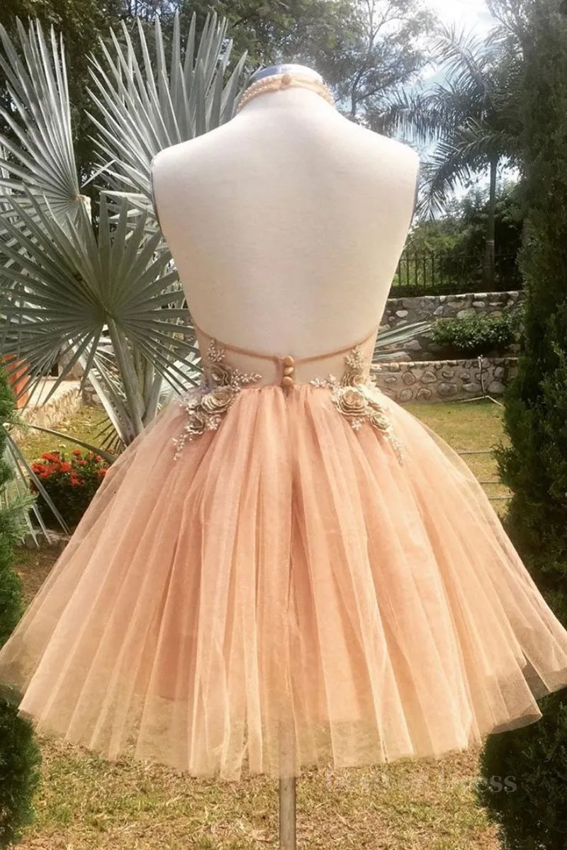 Halter Neck Backless Champagne 3D Floral Short Prom Dress Backless Champagne Formal Graduation Homecoming Dress