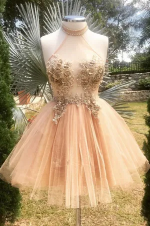 Halter Neck Backless Champagne 3D Floral Short Prom Dress Backless Champagne Formal Graduation Homecoming Dress