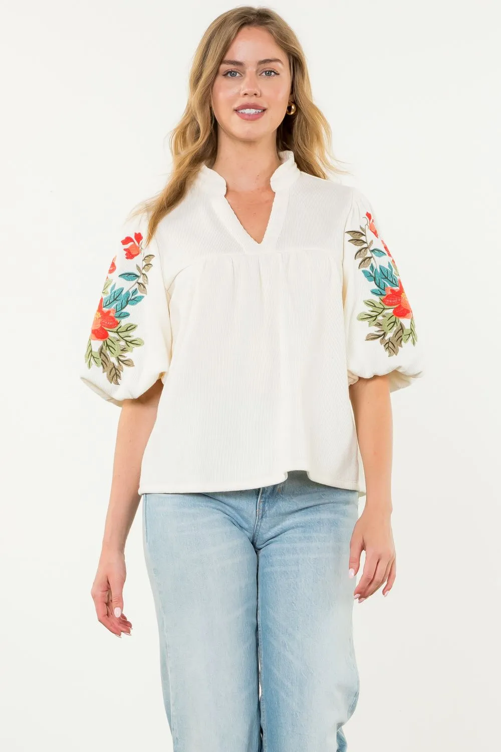 Hayden Embroidered Puff Sleeve THML Top