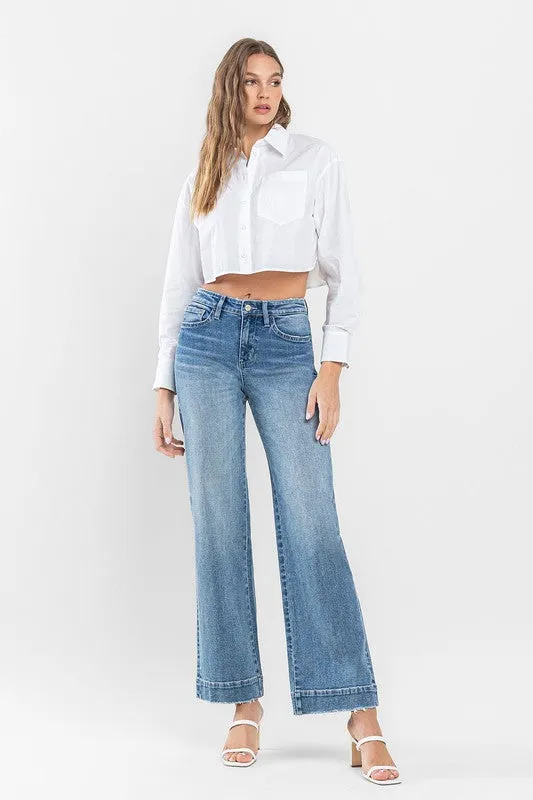 High Rise Wide Leg Jeans with Trouser Hem Detail