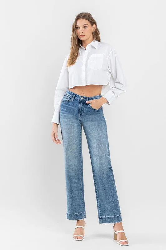 High Rise Wide Leg Jeans with Trouser Hem Detail