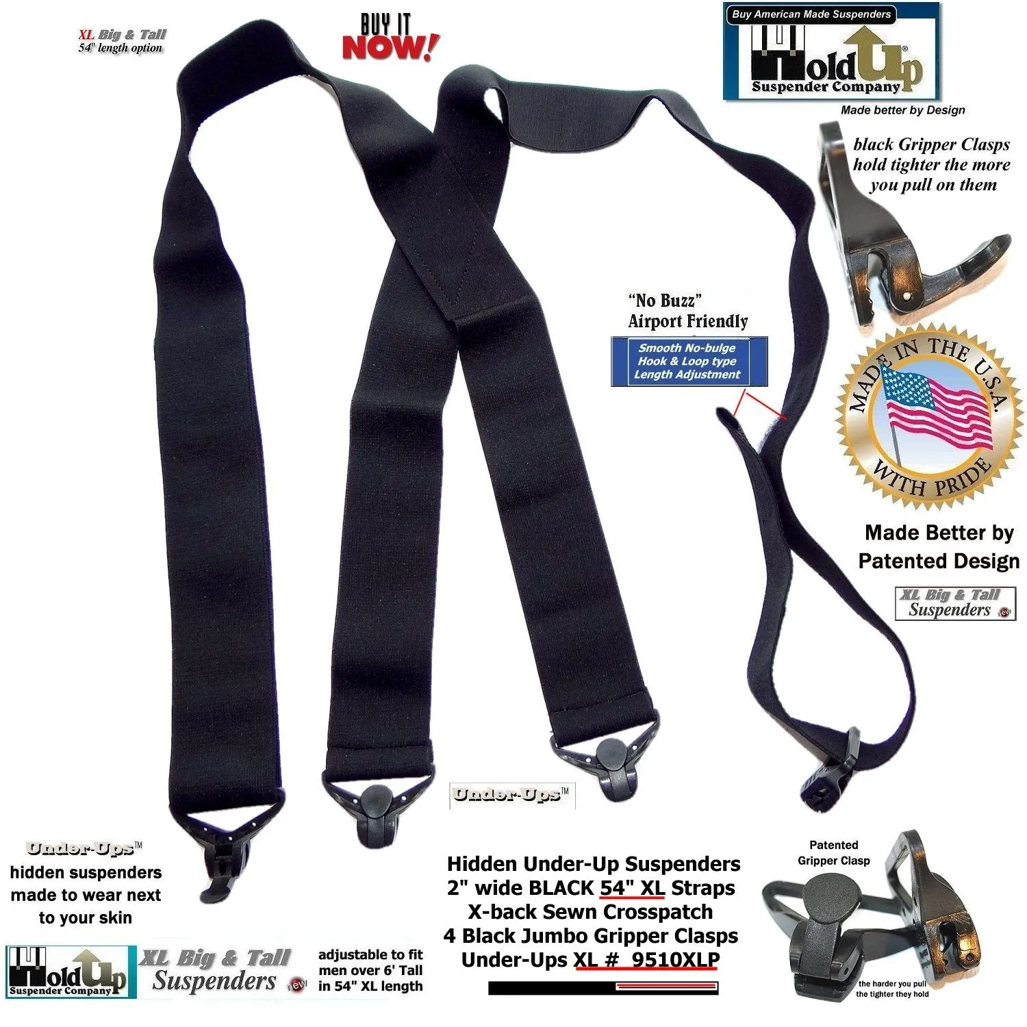 HoldUp Brand XL Black Under-Up Series Suspenders with Super Strong Jumbo Gripper Clasp