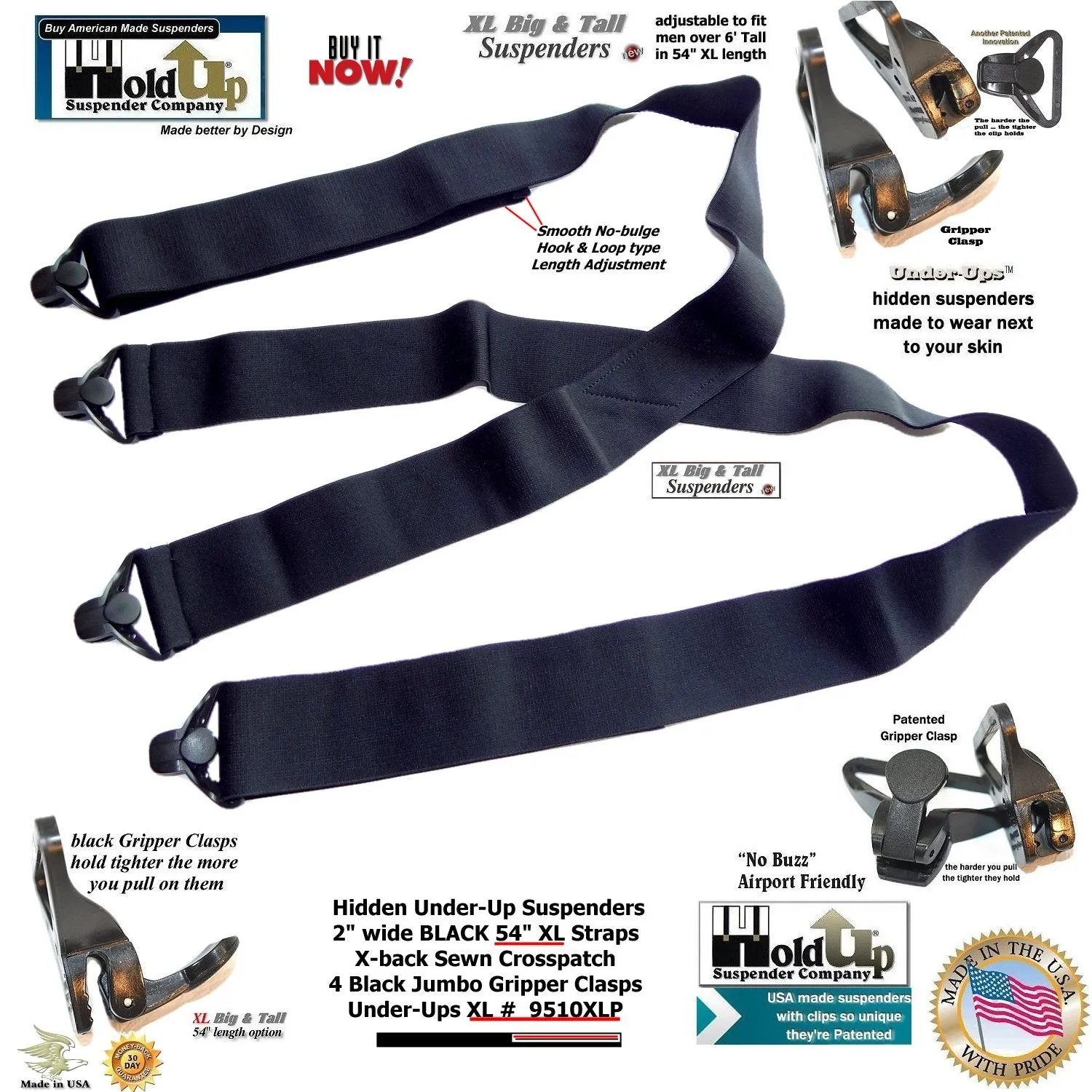 HoldUp Brand XL Black Under-Up Series Suspenders with Super Strong Jumbo Gripper Clasp