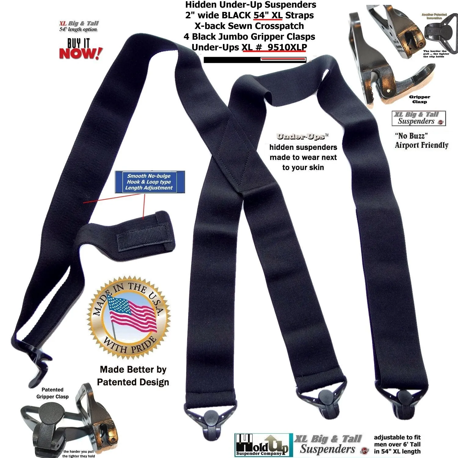 HoldUp Brand XL Black Under-Up Series Suspenders with Super Strong Jumbo Gripper Clasp