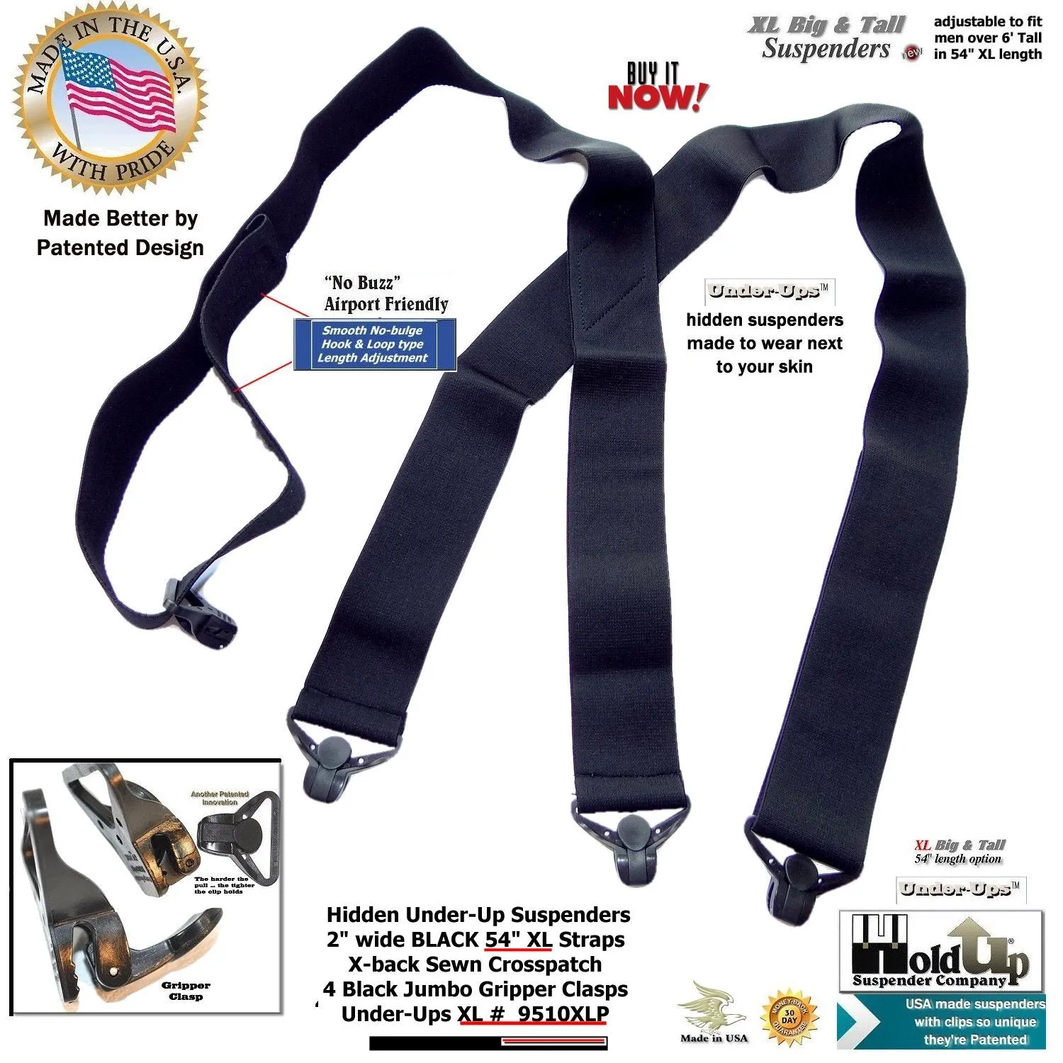 HoldUp Brand XL Black Under-Up Series Suspenders with Super Strong Jumbo Gripper Clasp