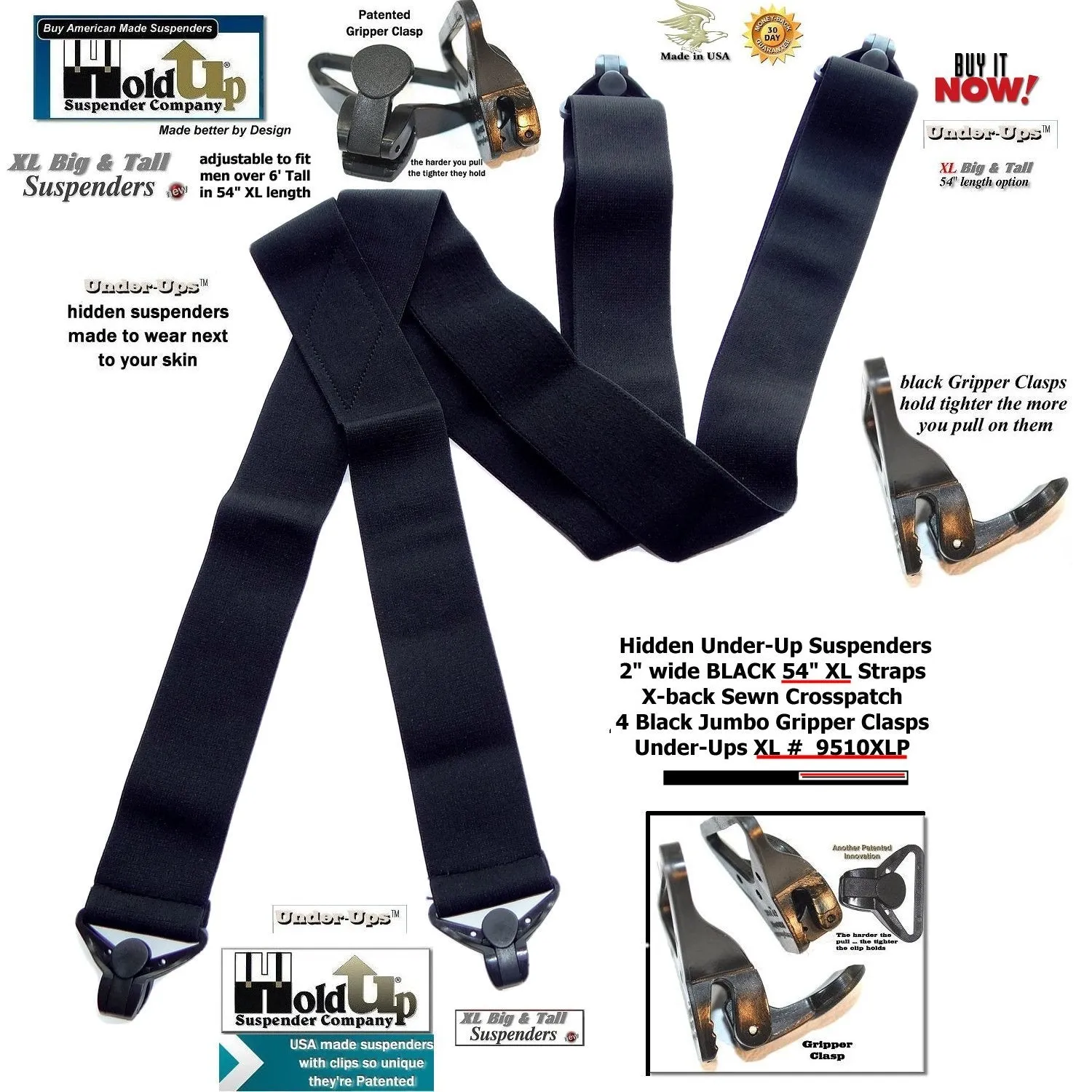 HoldUp Brand XL Black Under-Up Series Suspenders with Super Strong Jumbo Gripper Clasp