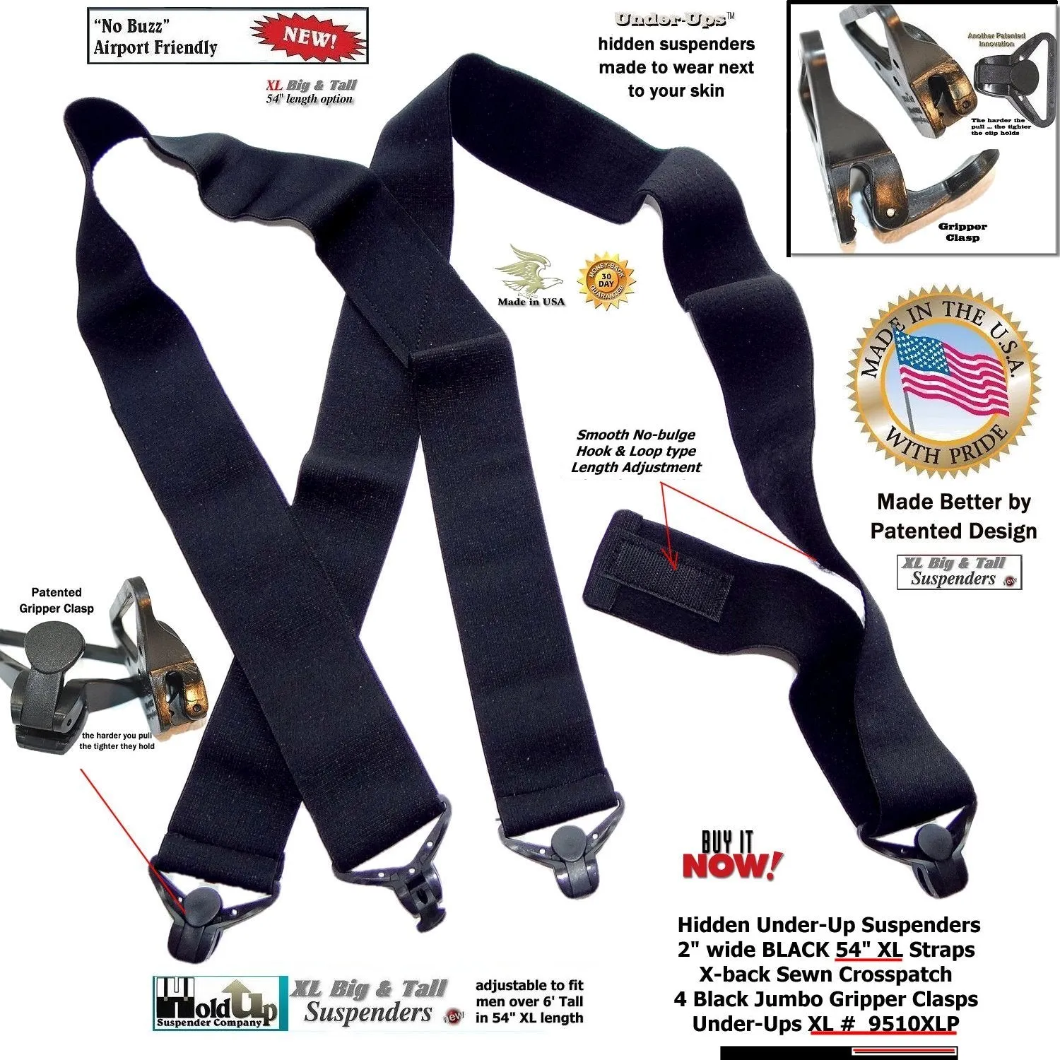 HoldUp Brand XL Black Under-Up Series Suspenders with Super Strong Jumbo Gripper Clasp