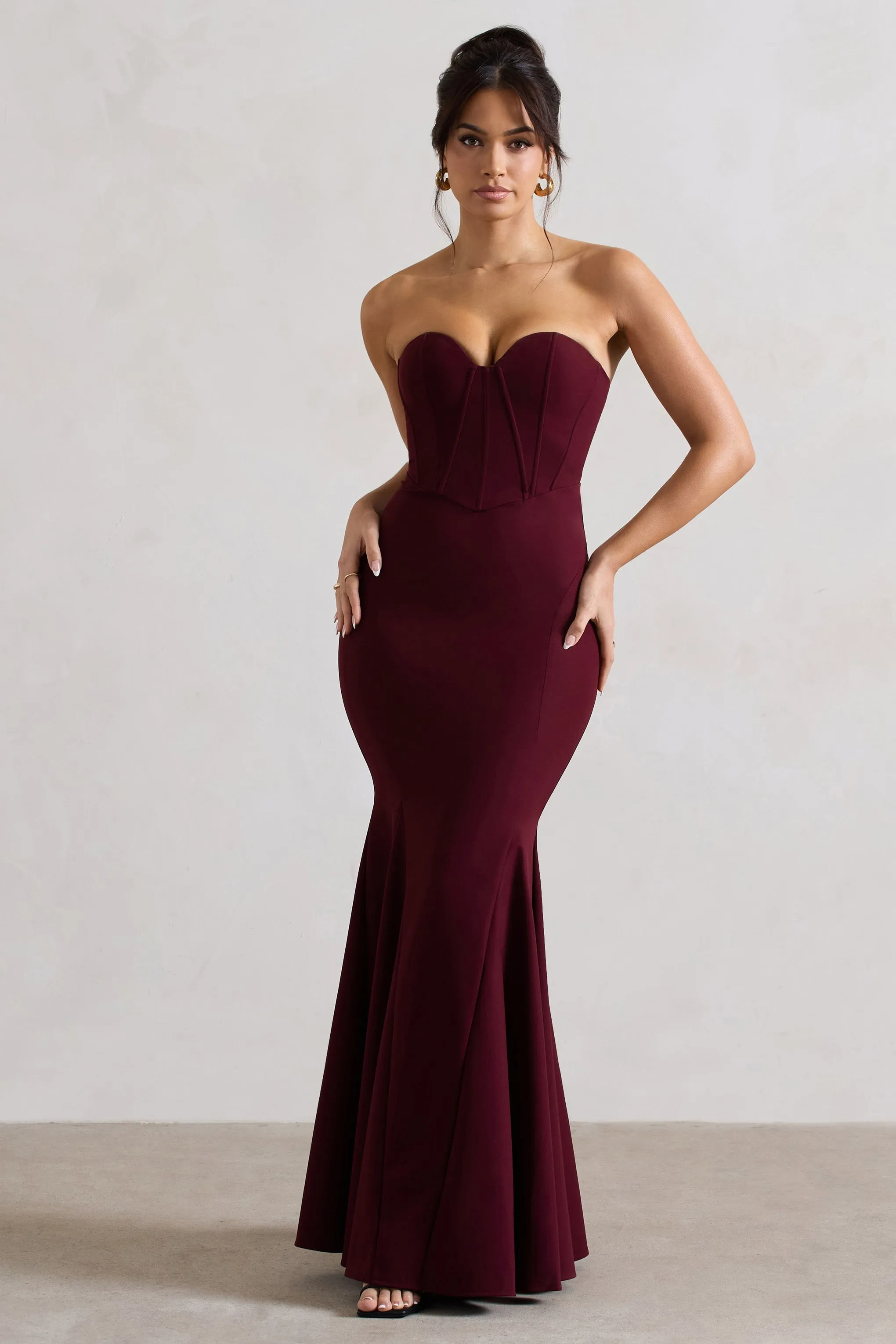 Idyllic | Burgundy Strapless Corset Style Fishtail Maxi Dress