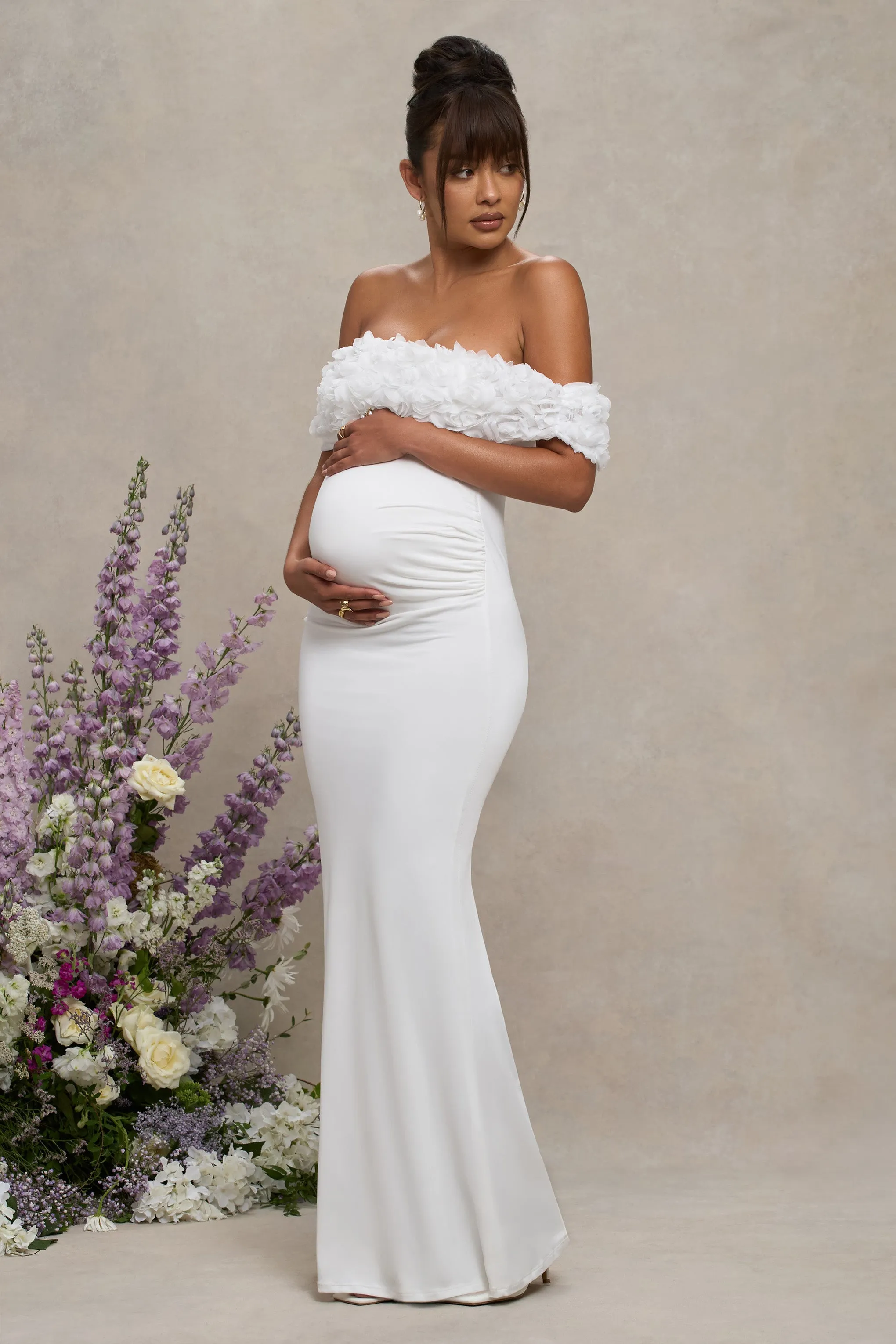 Inflorescence | White Mesh Floral Bardot Maternity Maxi Dress