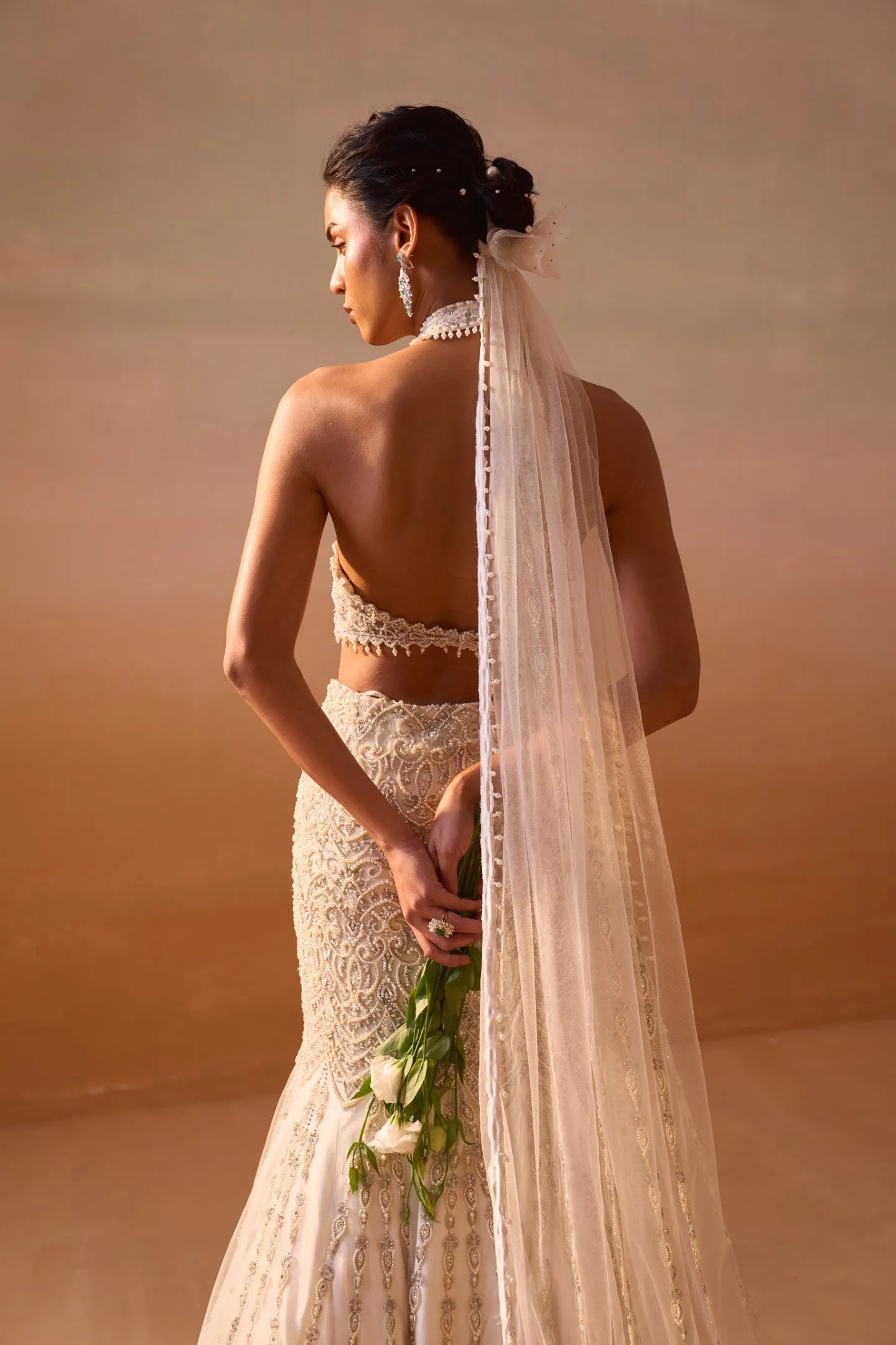 IVORY FISHTAILED SKIRT WITH PEARL WORK