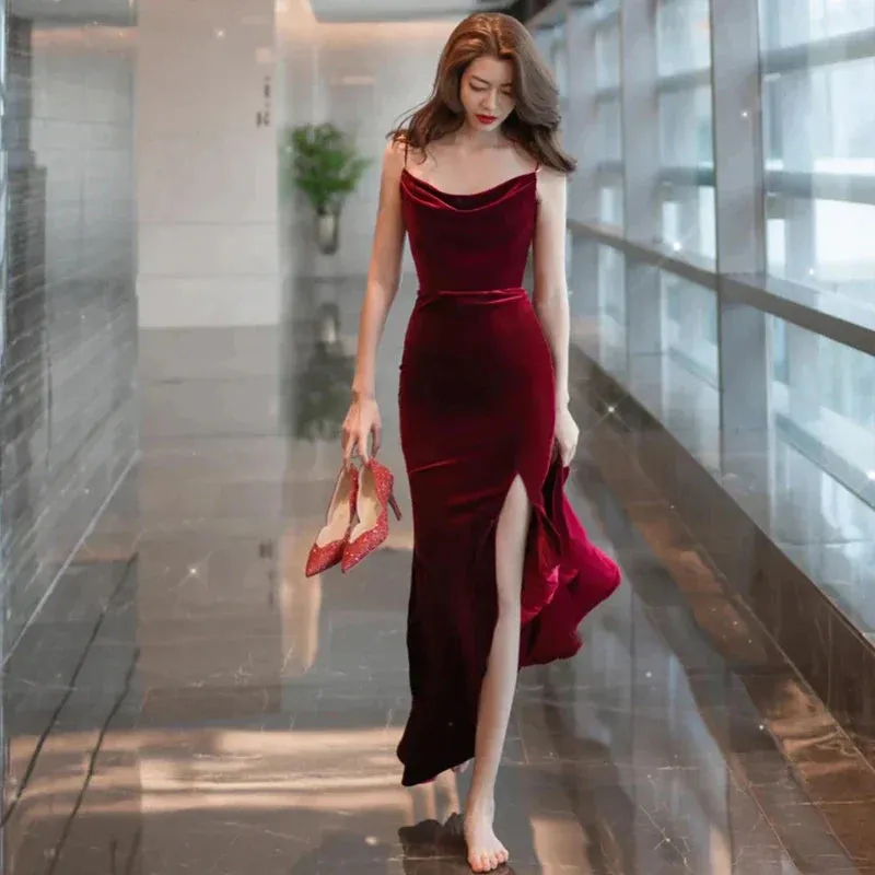 kamahe Burgundy Velvet Sexy Mermaid Slit Long Evening Dress, Backless Prom Dress Party Dress