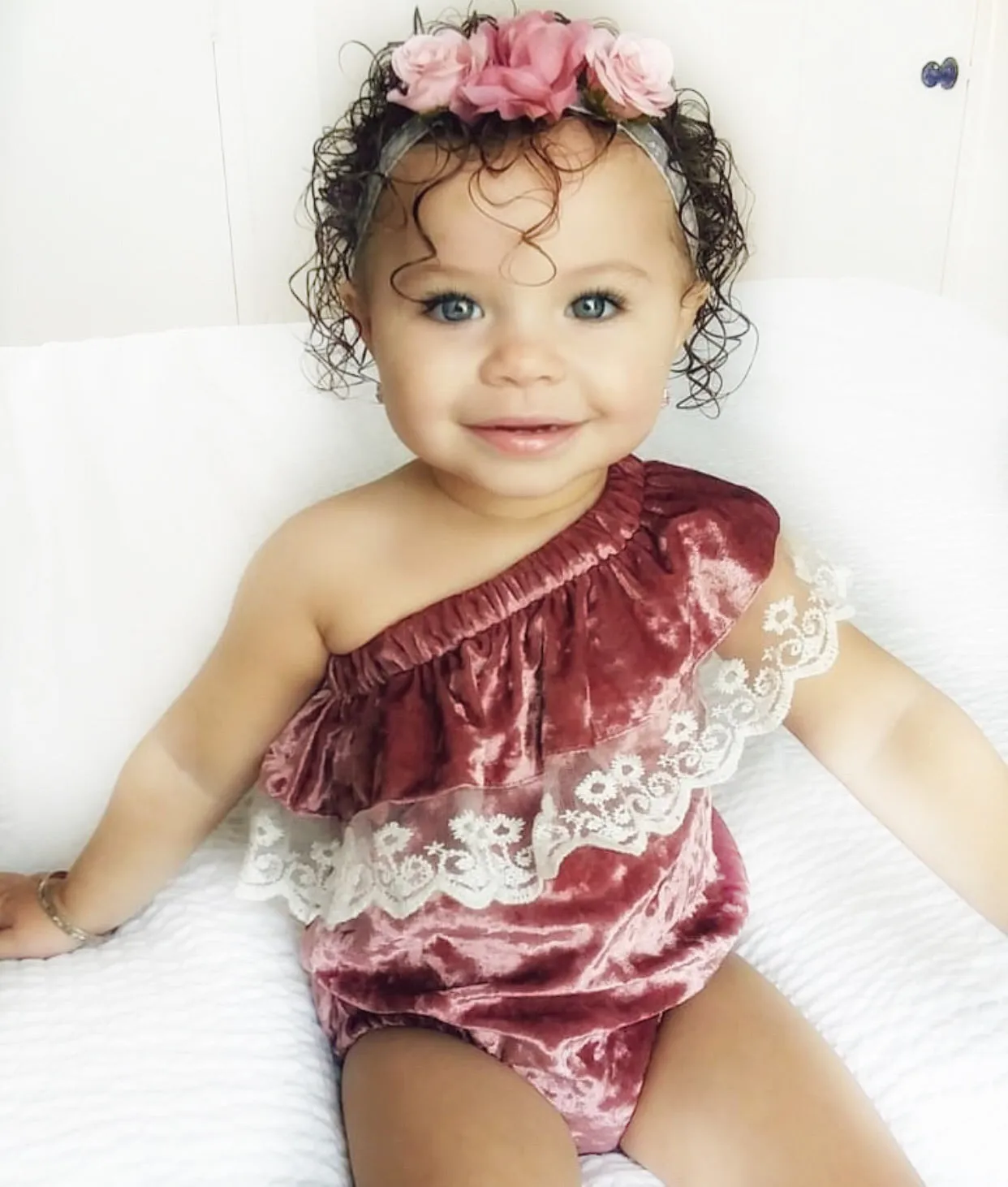 Kryssi Kouture Exclusive "Isn't She Lovely" ® Baby Girls Dusty Rose Velvet and Lace Off the Shoulder Bodysuit Romper