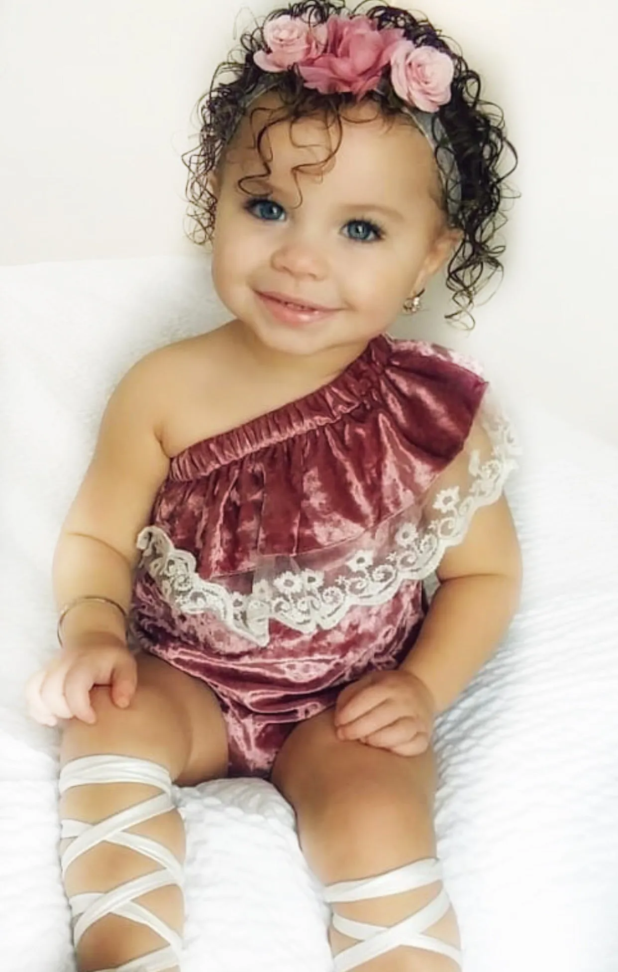 Kryssi Kouture Exclusive "Isn't She Lovely" ® Baby Girls Dusty Rose Velvet and Lace Off the Shoulder Bodysuit Romper