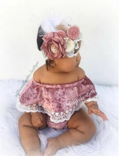 Kryssi Kouture Exclusive "Isn't She Lovely" ® Baby Girls Dusty Rose Velvet and Lace Off the Shoulder Bodysuit Romper