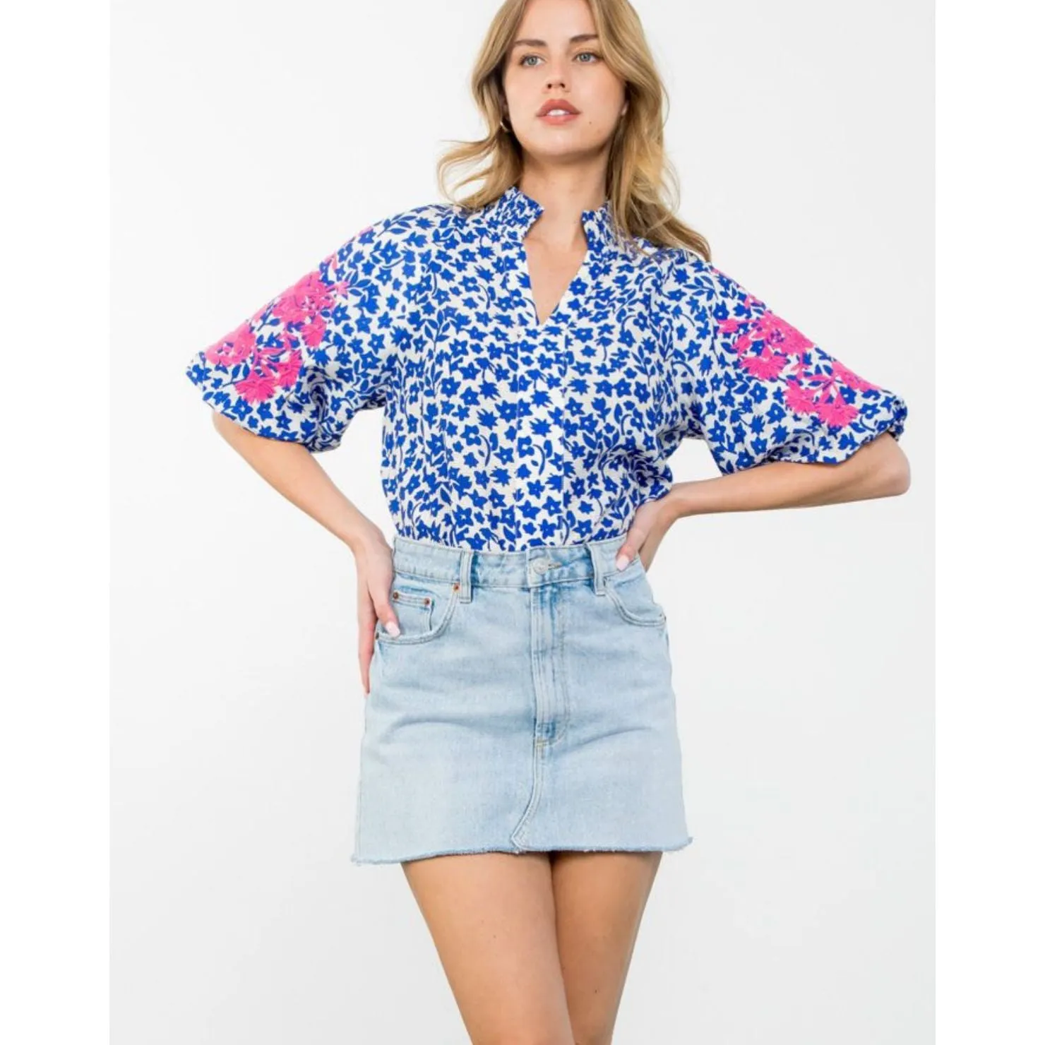 Laura Embroidered Puff Sleeve THML Top- SALE