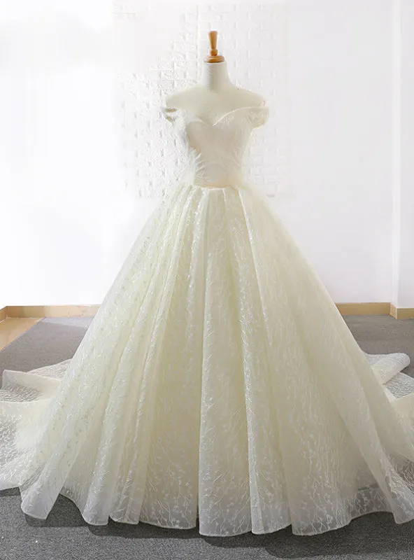 Light Champagne Tulle Off The Shoulder Train Wedding Dress