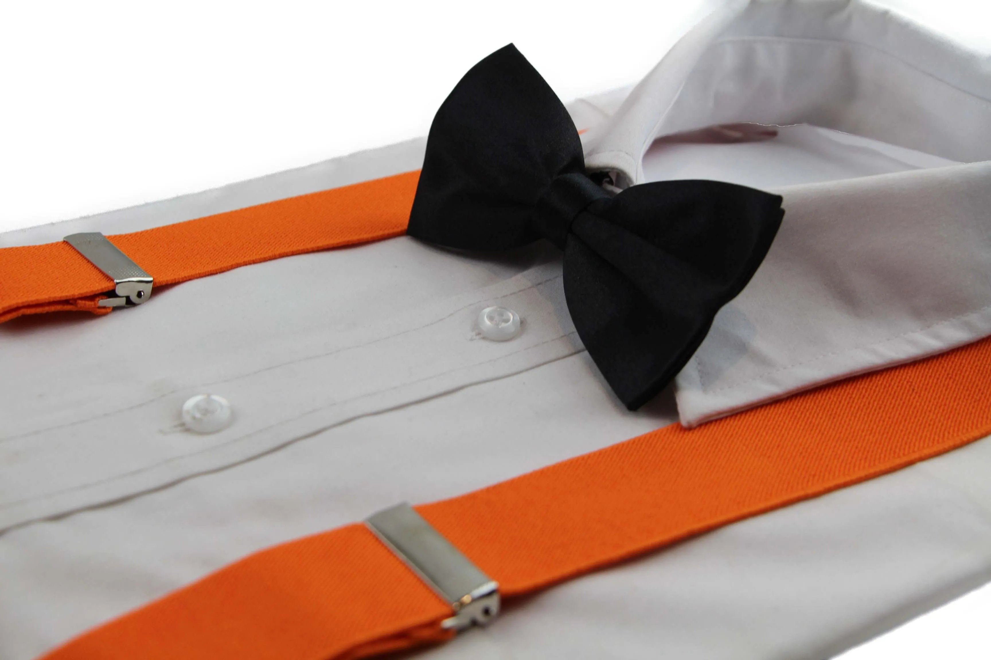 Mens Orange 100cm Wide Suspenders & Black Bow Tie Set