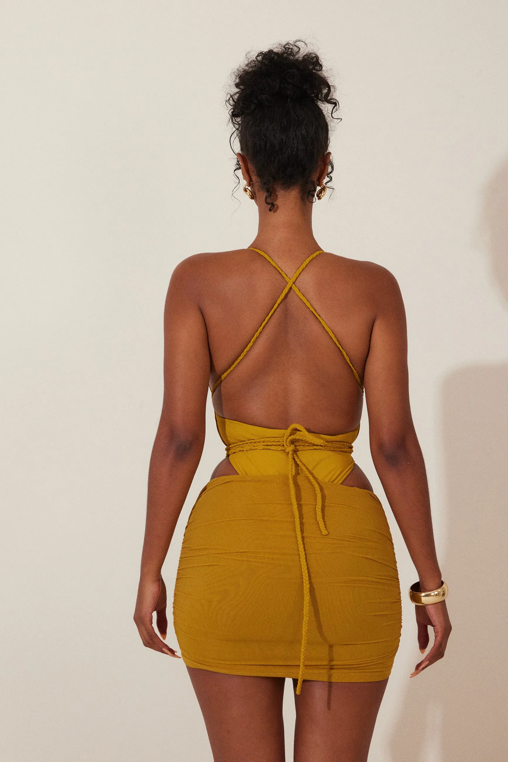 Mesh ruched coverup skirt - Mustard