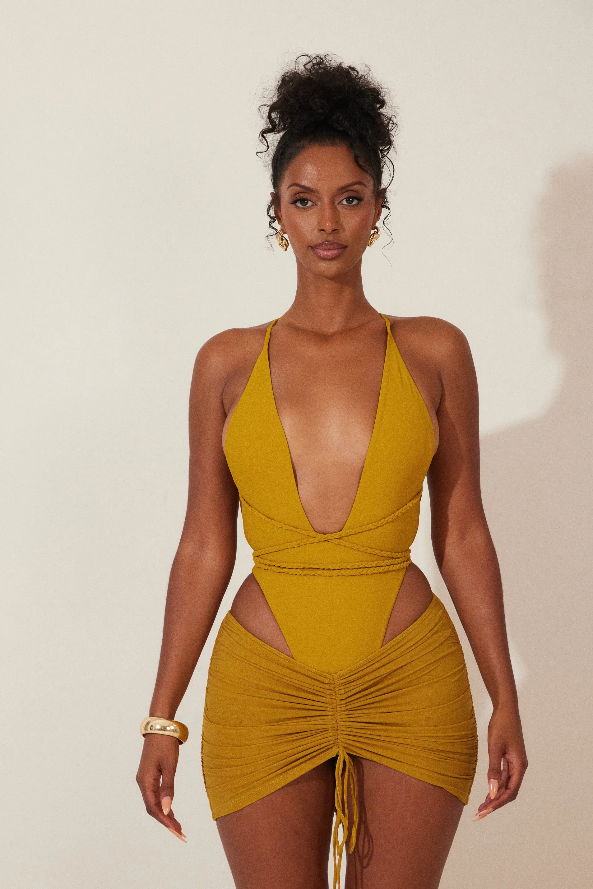 Mesh ruched coverup skirt - Mustard