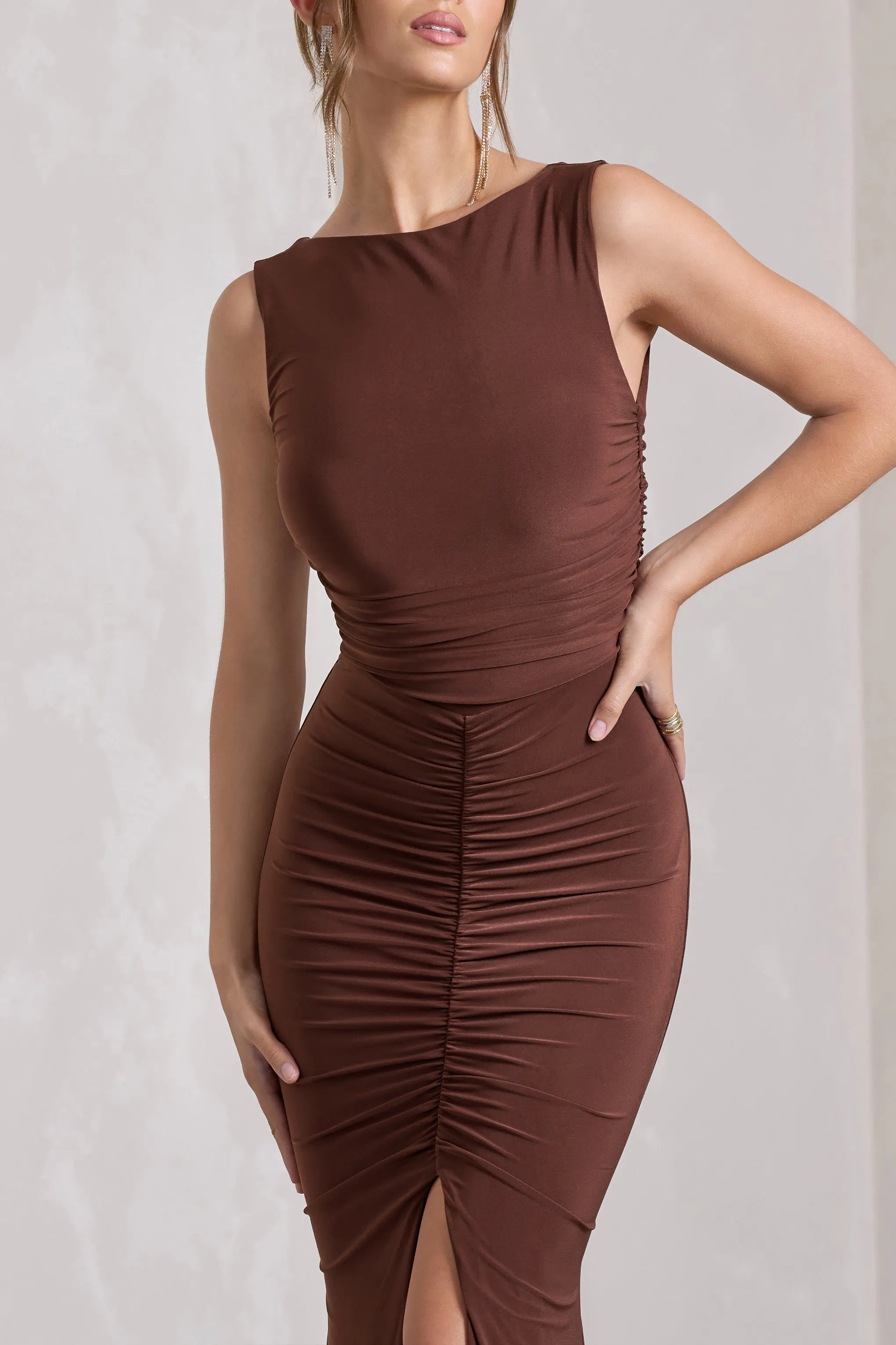 My Presence | Chocolate Brown Low-Back Fishtail Split Maxi Dress