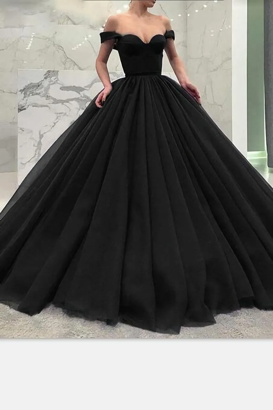 Off-The-Shoulder Black Prom Gown With Puffy Tulle Skirt