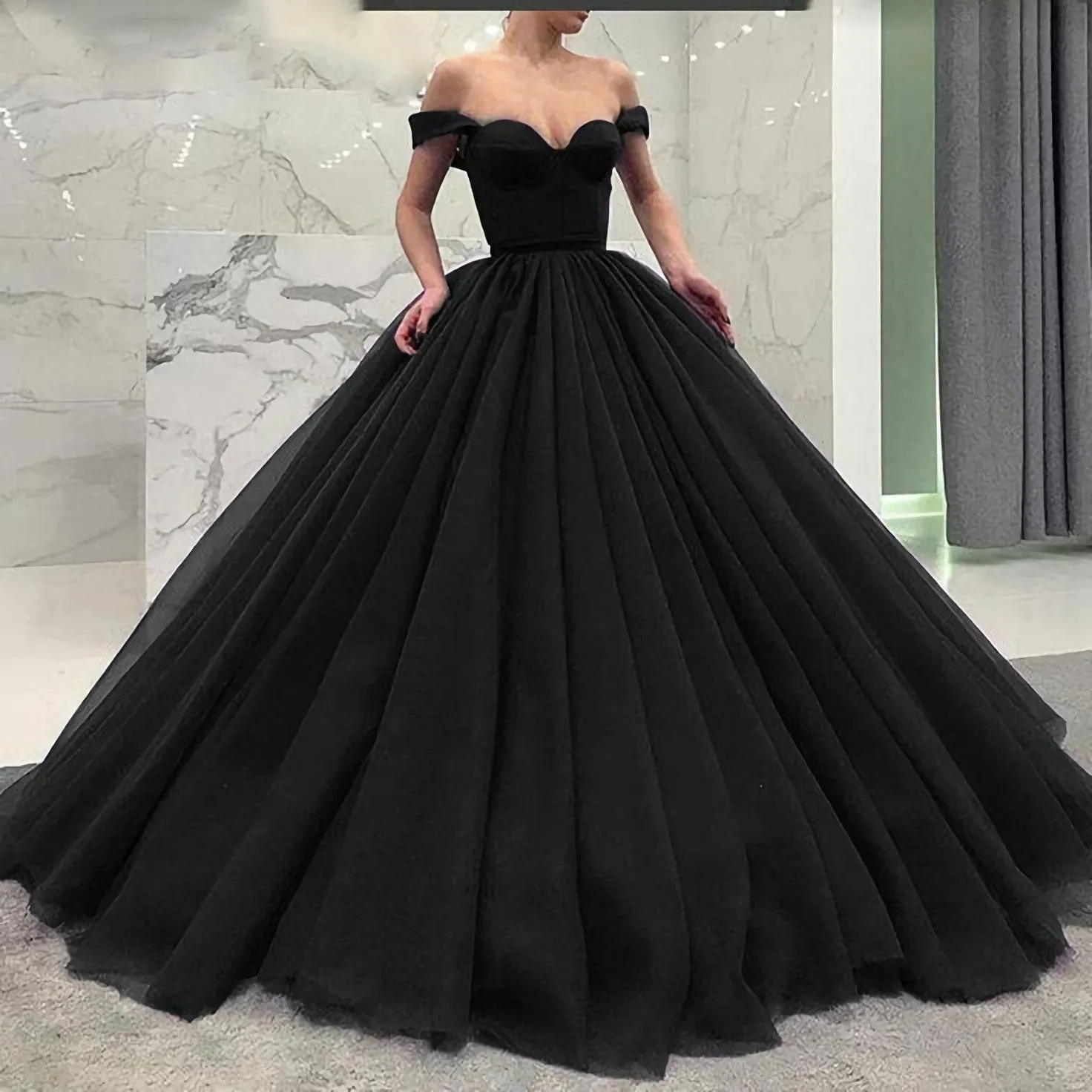 Off-The-Shoulder Black Prom Gown With Puffy Tulle Skirt