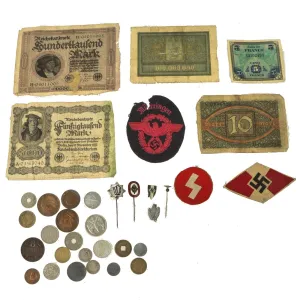 Original German & European WWII Bring Back Collection: Stick Pins, Tinnies, Insignia & Currency