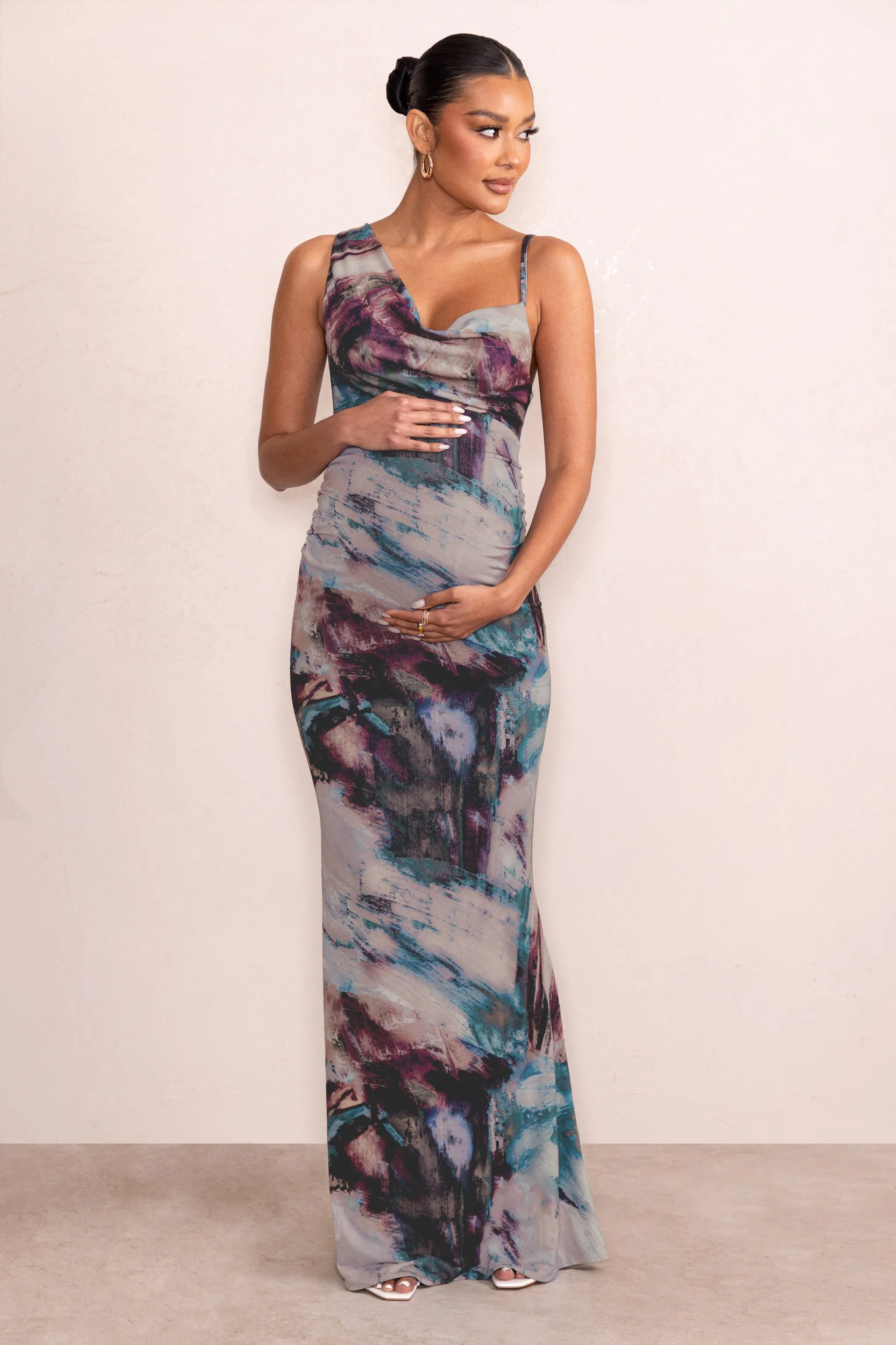 Phantasy | Blue Abstract Print Maternity Asymmetric Neckline Maxi Dress