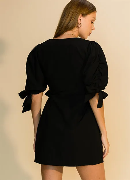 Puff Sleeve Black Wrap Dress