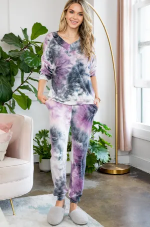 Purple & Black Tie Dye Loungewear 2pc Top and Pants Set