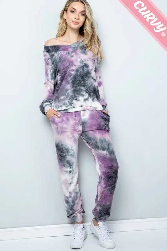 Purple & Black Tie Dye Loungewear 2pc Top and Pants Set