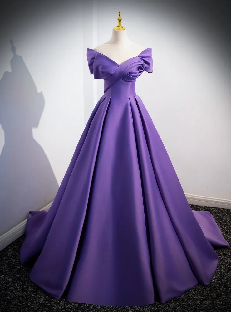 Purple Satin Off the Shoulder Prom Dress