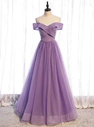 Purple Tulle Off the Shoulder Beading Prom Dress