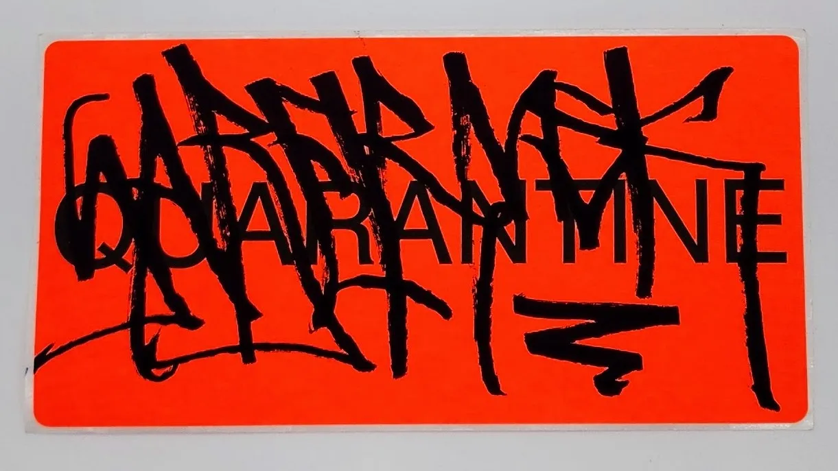 Quarantine Neon Orange Slap-Up Label Sticker Original Tag Art by Saber