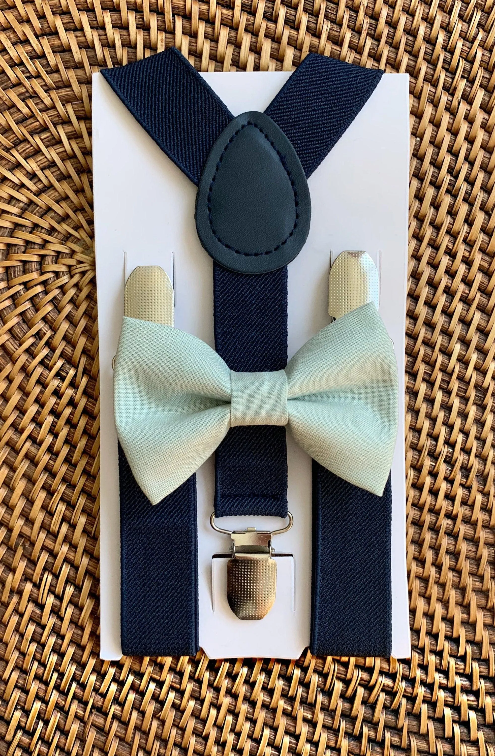 Sage Bow Tie & Navy Suspenders Set